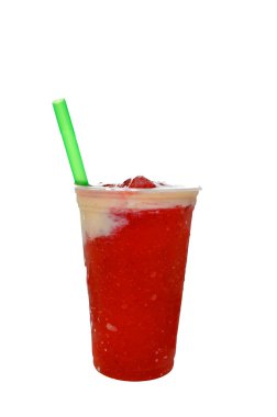 Panoramik, dondurmalı, buzlu, donmuş, dondurulmuş, granitli içecek. Paketlenmiş plastik bardaklara akıyor. Dondurma tatları pipetli..