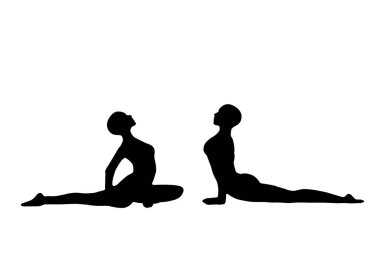 ayakta duran kadın silueti siyah ve beyaz vektör görüntüsü modern dansçı, yoga egzersiz güzellik, kadın vücut çizgisi sanatı. Broşür şablonu ya da web tasarımında kullanmak için.