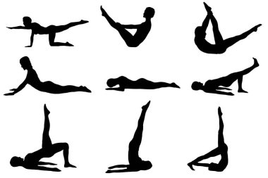 ayakta duran kadın silueti siyah ve beyaz vektör görüntüsü modern dansçı, yoga egzersiz güzellik, kadın vücut çizgisi sanatı. Broşür şablonu ya da web tasarımında kullanmak için.