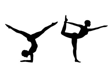 ayakta duran kadın silueti siyah ve beyaz vektör görüntüsü modern dansçı, yoga egzersiz güzellik, kadın vücut çizgisi sanatı. Broşür şablonu ya da web tasarımında kullanmak için.