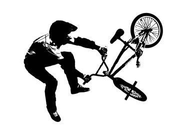 Beyaz şeffaf arkaplan vektörü üzerinde izole edilmiş bisikletçinin pedal hareketinin klasik BMX bisiklet silueti