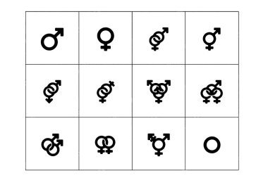 Beyaz şeffaf arka plan erkek ve kadın ikon cinsiyet ikonunda izole edilmiş erkek ve kadın cinsiyet sembolünün siluet vektör görüntüsü.