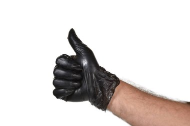 Beyaz şeffaf arkaplan resmi üzerinde izole siyah lateks eldiven jestleri ile el