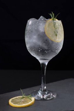 Buzun üzerinde tropikal turunçgil meyveleri içer, otlar filizlenir, bulanık arka planda metinler için alan sağlar.