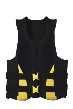 Deniz güvenlik ekipmanları, yüzme aygıtı ve su aktiviteleri kavramı. Beyaz arka planda izole edilmiş sarı ve siyah bir can yeleği var..