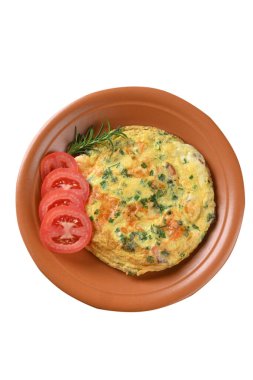 Yumurtalı omlet, otlar ve domates sosisi lezzetli ve sağlıklı sokak yemekleri karbonhidrat bar imajı.