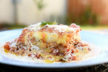 Lazanya beyaz ve bolonez soslu parmesan peyniri, makarna, domates, fesleğen, şifalı otlar İtalyan ve Fransız mutfağından lezzetli yemekler.