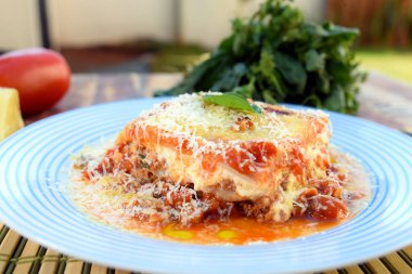 Lazanya beyaz ve bolonez soslu parmesan peyniri, makarna, domates, fesleğen, şifalı otlar İtalyan ve Fransız mutfağından lezzetli yemekler.