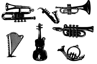 Siluet saksafon trompet rüzgar müzik enstrümanı caz orkestrası müzik siyah vektör görüntüsü