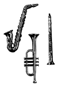 Siluet saksafon trompet rüzgar müzik enstrümanı caz orkestrası müzik siyah vektör görüntüsü
