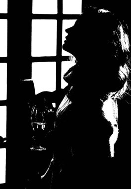 Siluet güzel moda kız uzun saç makyaj tırnakları ve ojeli kadın ülke stili kadın pozu siyah beyaz kadın vektörü