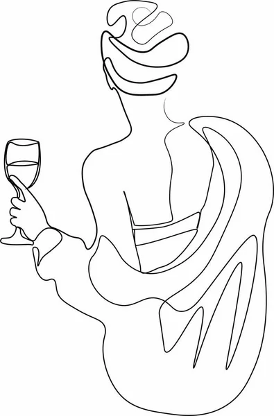 Romantic Woman Glass Wine Girl Drinks Champagne Abstract Linear Silhouette — Foto Stock