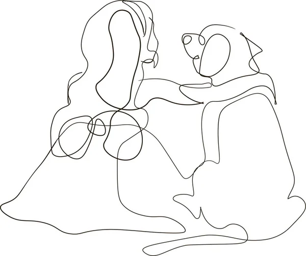 Przyjazny Związek Między Dzieckiem Psem Ilustracja Jednej Linii Dziecko Przytula — Zdjęcie stockowe
