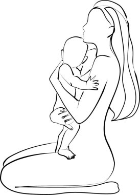 Soyut aile sanatı. Genç anne bebeğine sarılıyor. Uluslararası Anneler Günü kartı, sevgi dolu aile, çocukluk konsepti için el çizimi illüstrasyon.