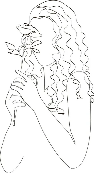 Girl Holds Rose Flower Her Hand Silhouettes Modern Trendy Style — Foto Stock