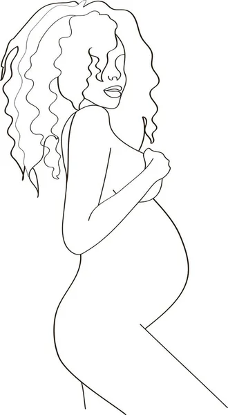 長い巻き毛と大きな腹を持つ美しい若い妊婦セクシー女性 服なし 妊娠中の女性の線画です 幸せな母親のミニマリストの輪郭図 — ストック写真
