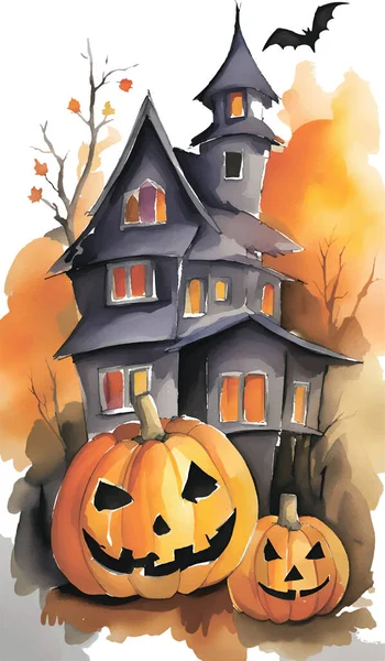 Halloween Pumpkin Lantern Old Castle Happy Halloween Watercolor Illustration — Stock Photo, Image