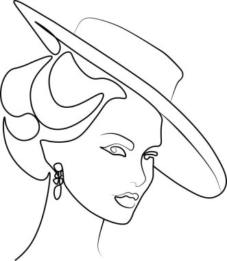 Şapkalı soyut doğrusal kadın. Minimum portre. Modaya uygun bir aksesuar. Bir çizgi sürekli. Güzellik ve cazibe konsepti. 