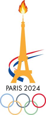 2024 Olimpiyat Oyunları. Eyfel Kulesi ve Olimpiyat yüzükleriyle Paris 2024 yazıları. 