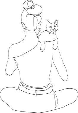   Güzel bir kadın kedisine sarılıyor. Bir satır illüstrasyon