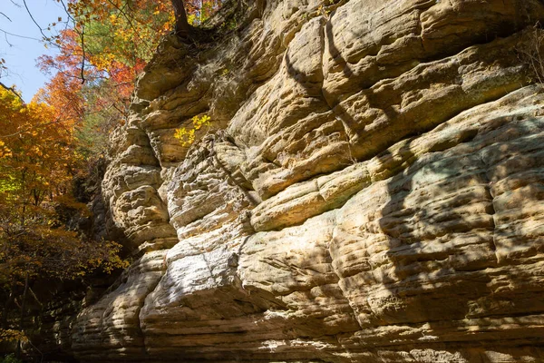 在一个阳光明媚的秋日清晨 伊利诺伊州峡谷的城墙 美国伊利诺伊州饥饿的岩石州立公园 — 图库照片