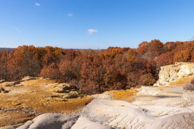 Illinois, ABD 'deki Buffalo Rock State Park' ında kayalık ve sonbahar renkleri.