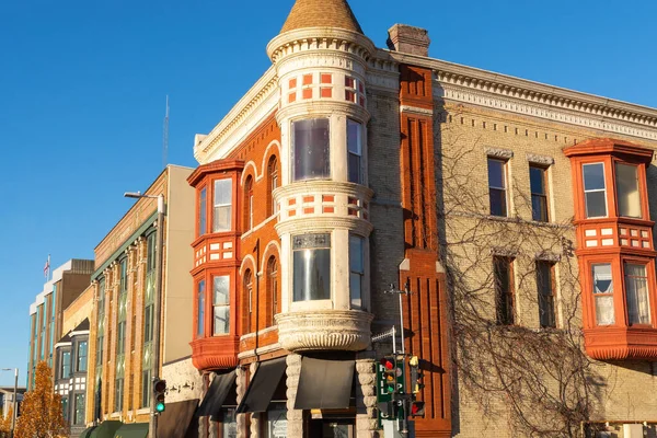 stock image Janesville, Wisconsin - United States - November 7th, 2022: Exterior of old brick building in downtown Janesville, Wisconsin.