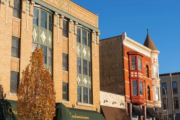 stock image Janesville, Wisconsin - United States - November 7th, 2022: Exterior of old brick building in downtown Janesville, Wisconsin.