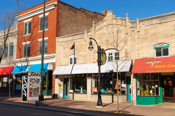 Madison, Wisconsin - United States - November 7th, 2022: Downtown buildings and storefronts in Madison, Wisconsin.