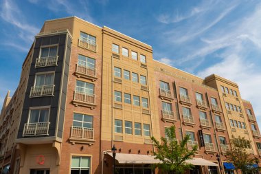 Naperville, Illinois- United States- September 15th, 2022: Exterior of downtown hotel and storefronts in Naperville, Illinois, USA.