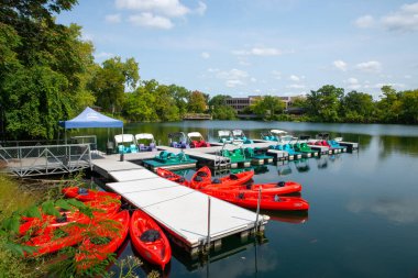 Dock on Quarry Lake in Naperville, Illinois, USA.