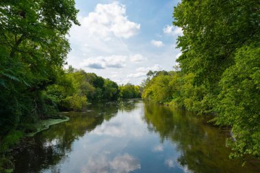 View up the Dupage River on a Fall afternoon.  Naperville, Illinois, USA. clipart