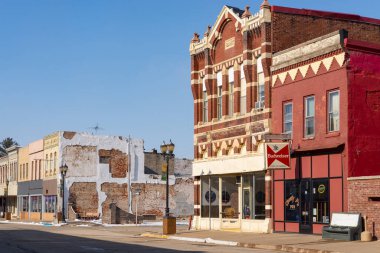 Polo, Illinois - United States - January 24th, 2023: Exterior of old downtown building and storefront in Polo, Illinois, USA.