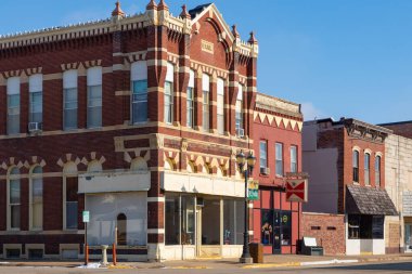 Polo, Illinois - United States - January 24th, 2023: Exterior of old downtown building and storefront in Polo, Illinois, USA.