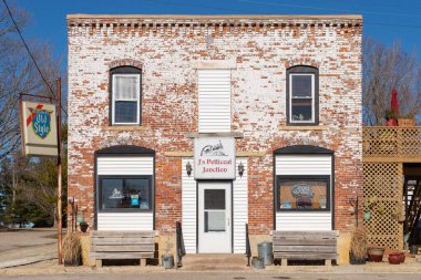 Malden, Illinois - United States - February 13th, 2023: Exterior of old brick building and restraurant in rural Illinois.