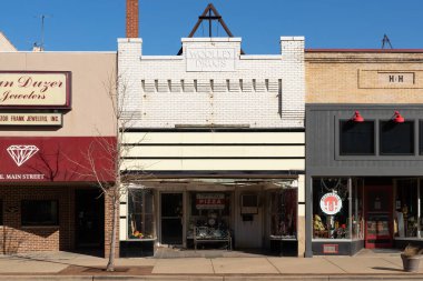 Streator, Illinois - United States - February 21st, 2023: Exterior of old building and storefront in downtown Streator, Illinois.