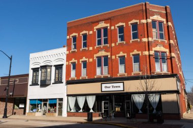 Streator, Illinois - United States - February 21st, 2023: Exterior of old building and storefront in downtown Streator, Illinois.