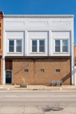 Exterior of old building and storefront in downtown Seneca, Illinois.