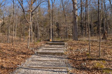 Güneşli bir bahar sabahı Giant City Eyalet Parkı 'nda yürüyüş parkı. Makanda, Illinois, ABD.