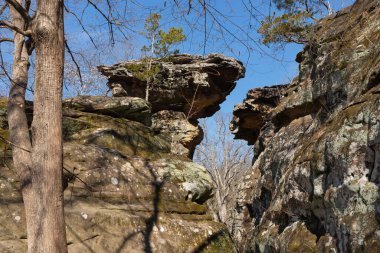 Güneşli bir bahar sabahı Giant City Eyalet Parkı 'nda Şeytanın Standart Kaya oluşumu.