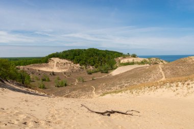 Güneşli bir sabahta kum tepeleri ve bahar manzarası. Warren Dunes Eyalet Parkı, Michigan, ABD.