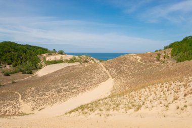 Güneşli bir sabahta kum tepeleri ve bahar manzarası. Warren Dunes Eyalet Parkı, Michigan, ABD.