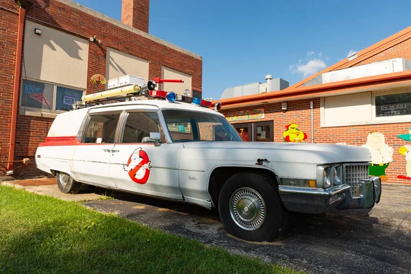 stock image Malta, Illinois - United States - August 15th, 2023: Replica Ghostbuster's ambulance at restaurant in Malta, Illinois, USA.