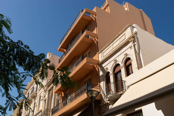 Heraklion, Crete - Greece - September 21st, 2023: Exterior of downtown building in Heraklion, Greece.