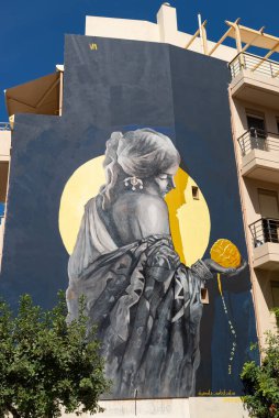 Heraklion, Girit - Yunanistan - 21 Eylül 2023: Duende Sanat Stüdyosu 'nun duvar resmi, Heraklion, Yunanistan şehir merkezinde.