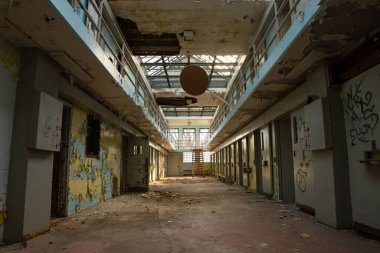 Interior of abandoned prison in Illinois, USA.