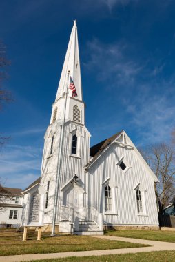 Dwight, Illinois - United States - January 2nd, 2023: Exterior of the historic Pioneer Gothic Church, built in 1857, in downtown Dwight, Illinois.