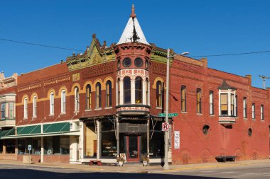 Stockton, Illinois - ABD - 10 Şubat 2025: Stockton, Illinois, ABD 'de şehir merkezi binası ve mağaza önü.