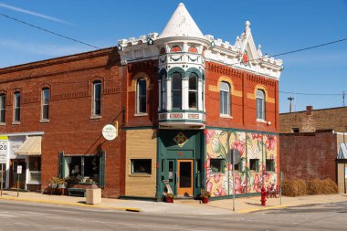 Stockton, Illinois - ABD - 10 Şubat 2025: Stockton, Illinois, ABD 'de şehir merkezi binası ve mağaza önü.