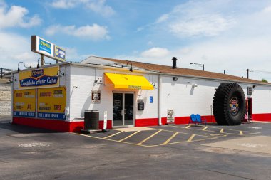 Granite City, Illinois - United States - July 21st, 2025: Exterior of the historic O'Brien Tire and Auto Care building on Route 66 in Granite City, Illinois, USA.